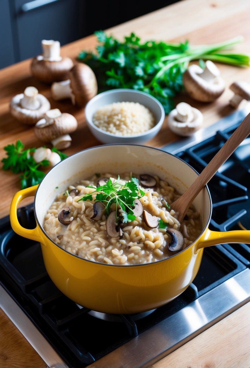 A pot of creamy mushroom risotto simmers on a stovetop, surrounded by fresh ingredients like mushrooms, arborio rice, and a wooden spoon