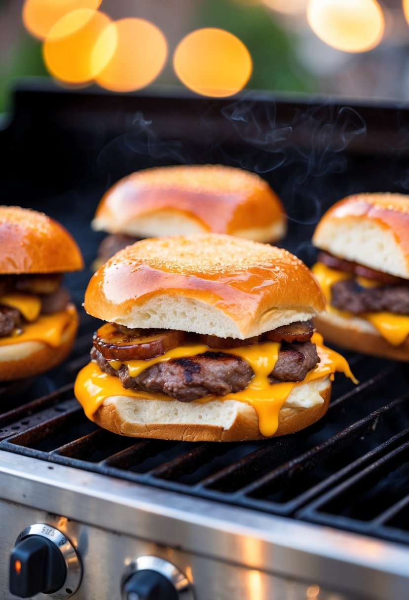 A sizzling grill with juicy beef patties, melted cheese, and toasted buns for BBQ beef sliders