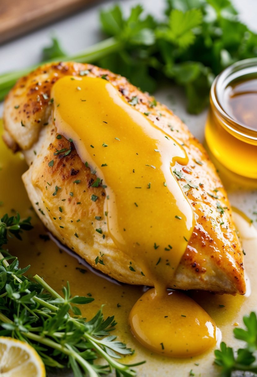 A golden-brown chicken breast coated in honey mustard sauce, surrounded by fresh herbs and a drizzle of honey