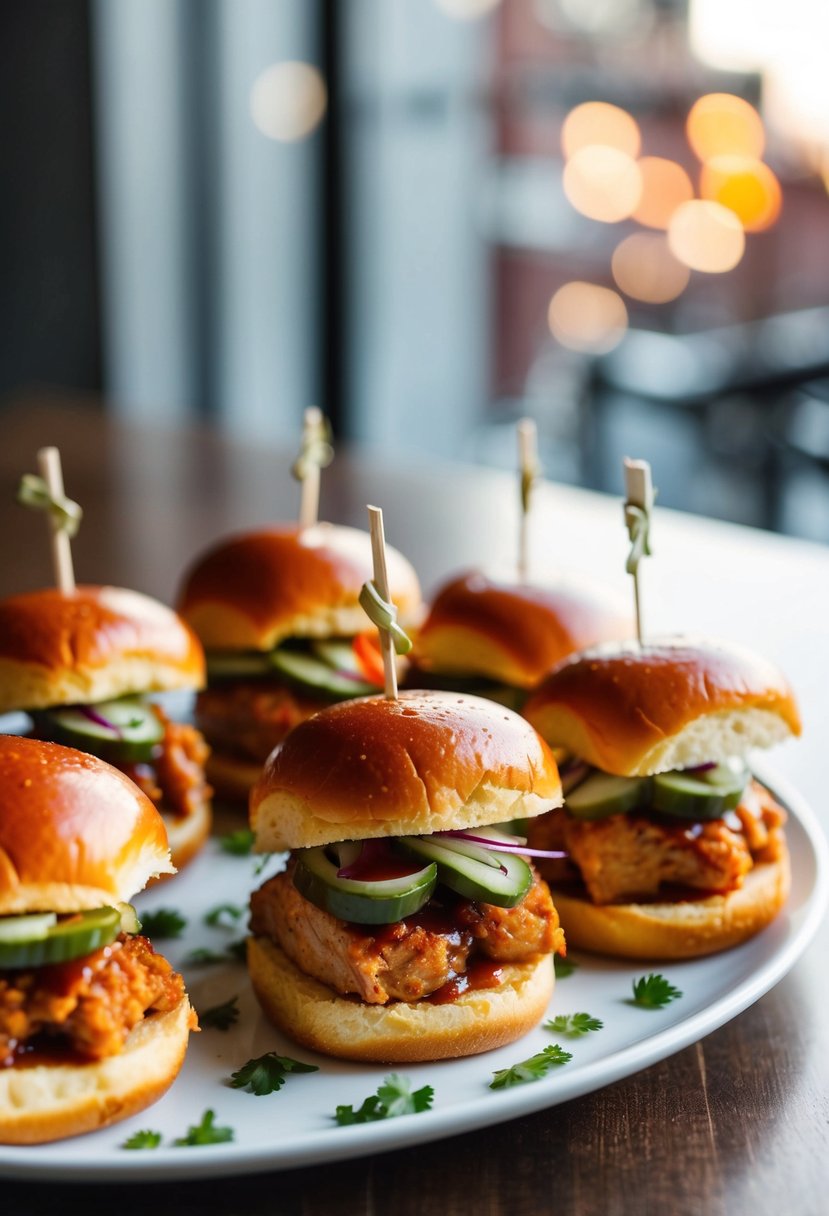 A platter of sweet and spicy pork sliders with garnishes