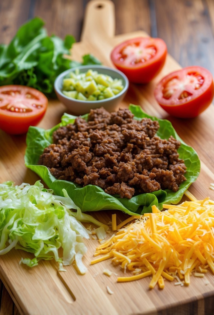 A wooden cutting board with fresh ingredients: ground beef, diced tomatoes, shredded lettuce, grated cheese, and corn tortillas