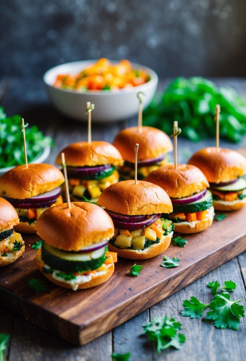 A platter of colorful roasted veggie sliders with fresh toppings on a rustic wooden board