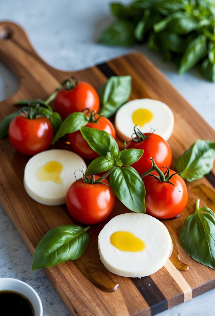 A wooden cutting board with fresh tomatoes, mozzarella cheese, basil leaves, olive oil, and balsamic glaze arranged for a Caprese Salad