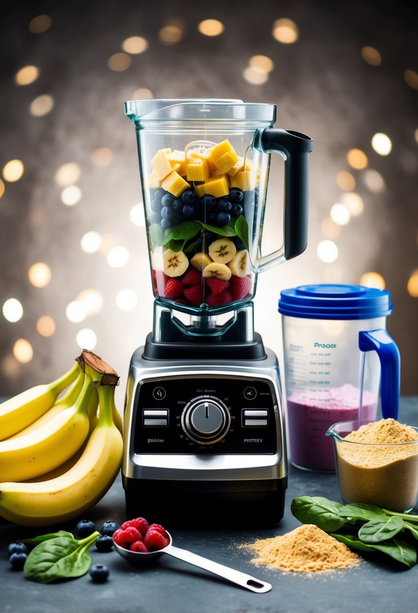 A blender surrounded by various ingredients like bananas, berries, spinach, and protein powder. A measuring cup and spoon nearby