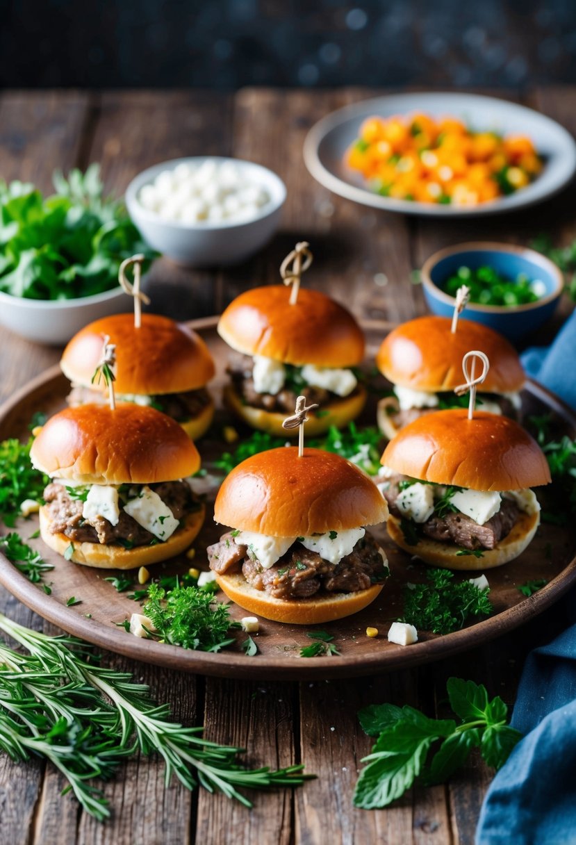 A platter of lamb and feta sliders surrounded by fresh herbs and colorful garnishes on a rustic wooden table