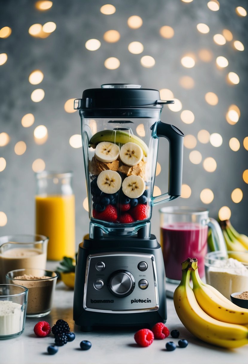 A blender filled with banana, berries, and protein powder, surrounded by ingredients and a glass