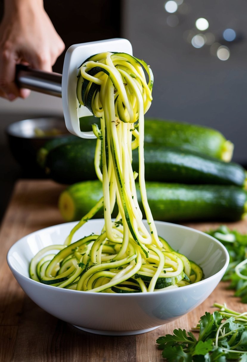 Fresh zucchinis being spiralized into long, thin noodles. A bowl of zucchini noodles being tossed with olive oil and herbs