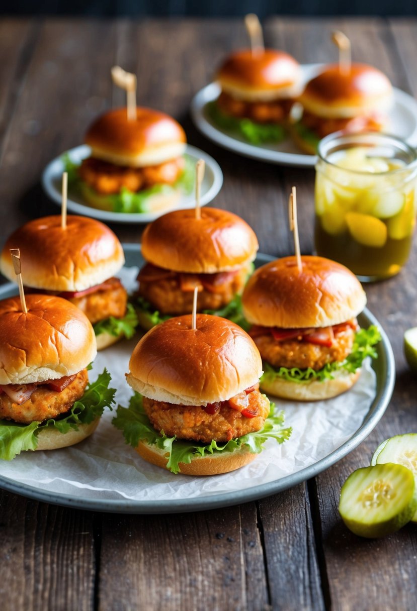 A platter of Shrimp Po' Boy Sliders arranged with lettuce and pickles on a rustic wooden table