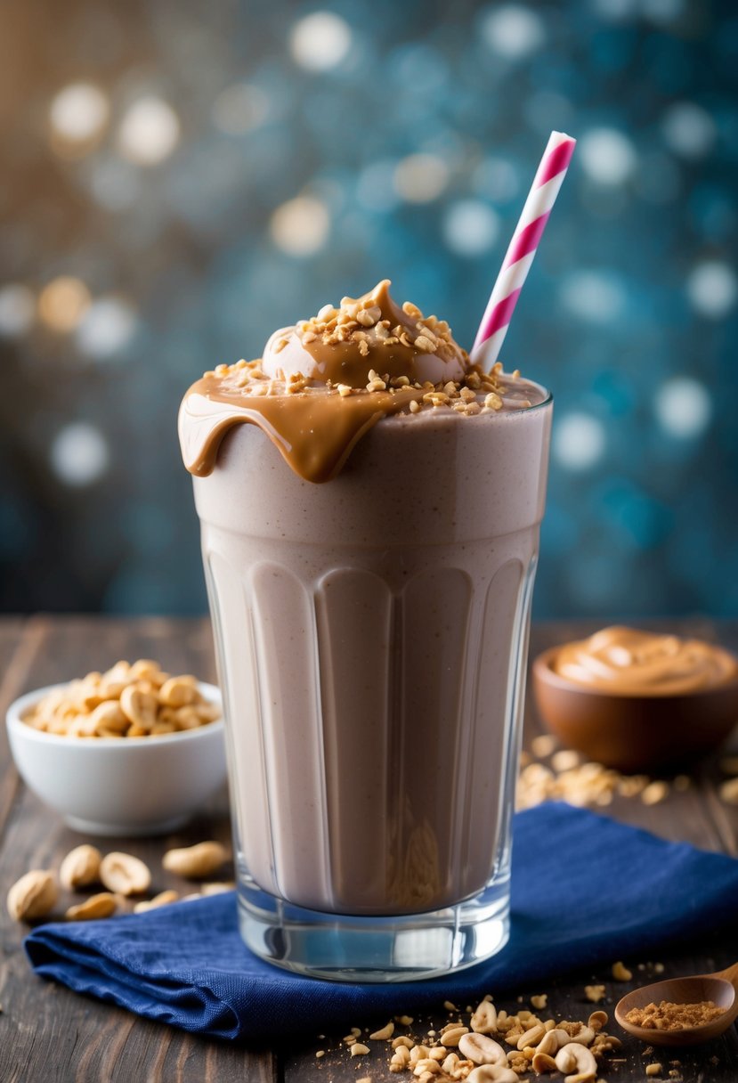 A glass filled with a creamy, chocolate-colored protein shake topped with a dollop of peanut butter and sprinkled with crushed peanuts