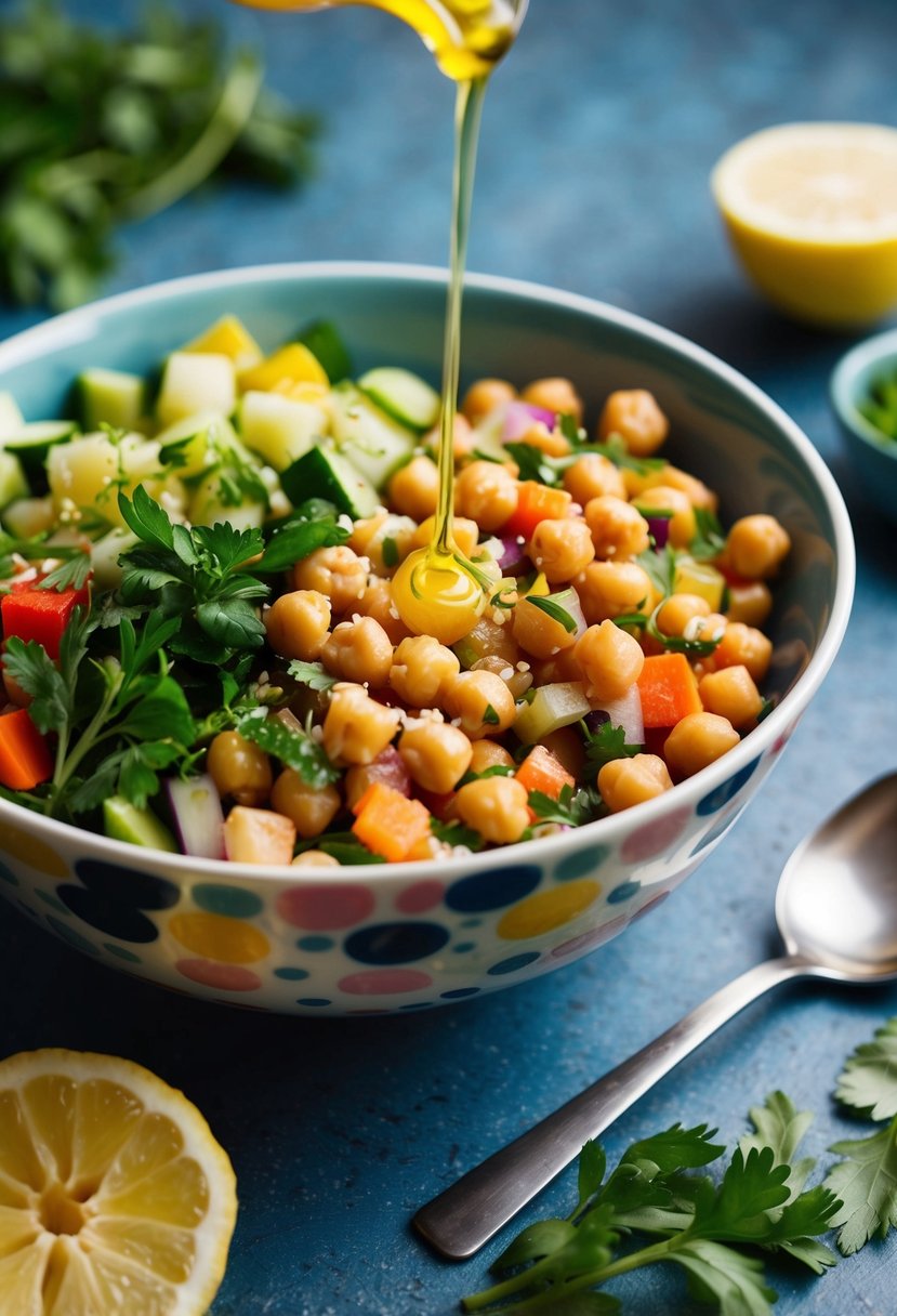 A colorful bowl filled with chickpeas, diced vegetables, and fresh herbs, drizzled with olive oil and lemon juice