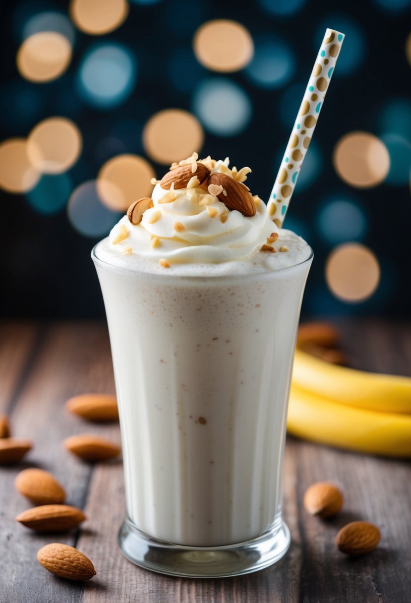 A glass filled with a creamy vanilla almond milk shake topped with a sprinkle of almonds and a decorative straw