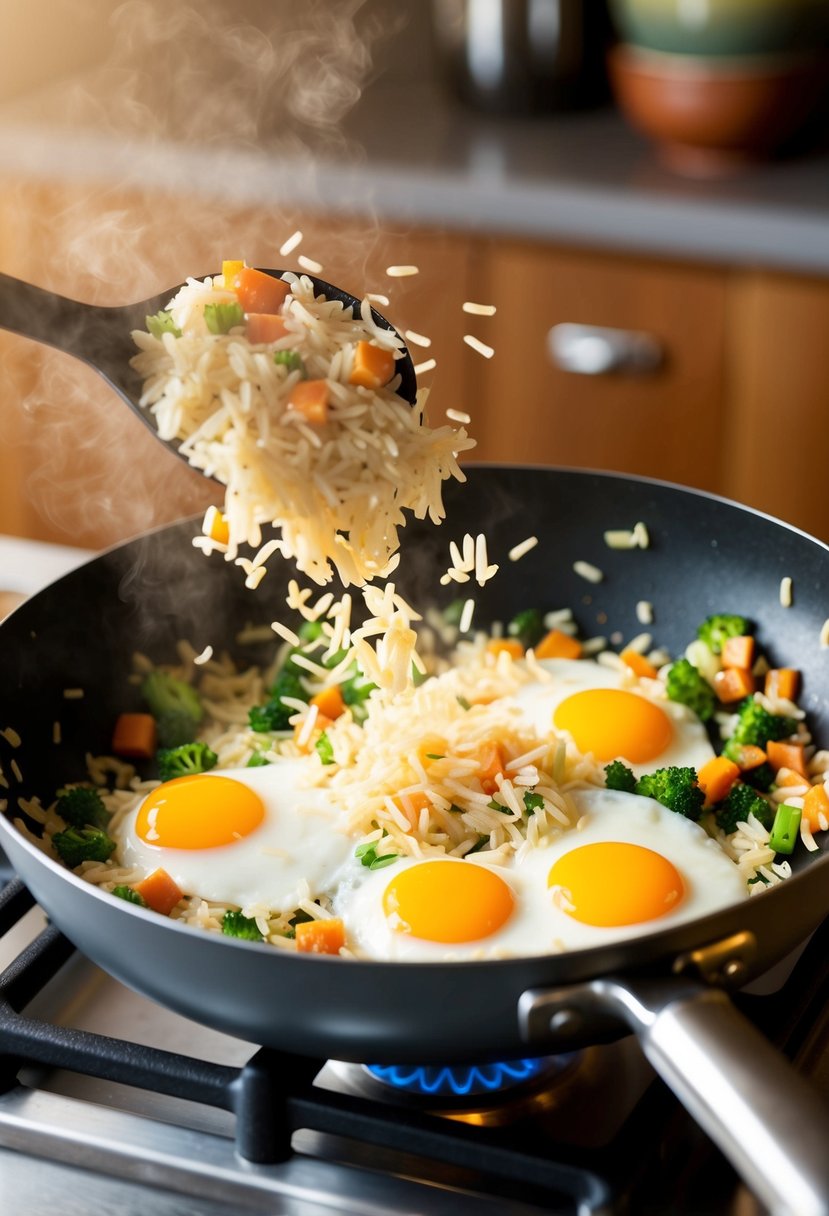 A sizzling pan with rice, eggs, and vegetables being tossed together over a hot stove