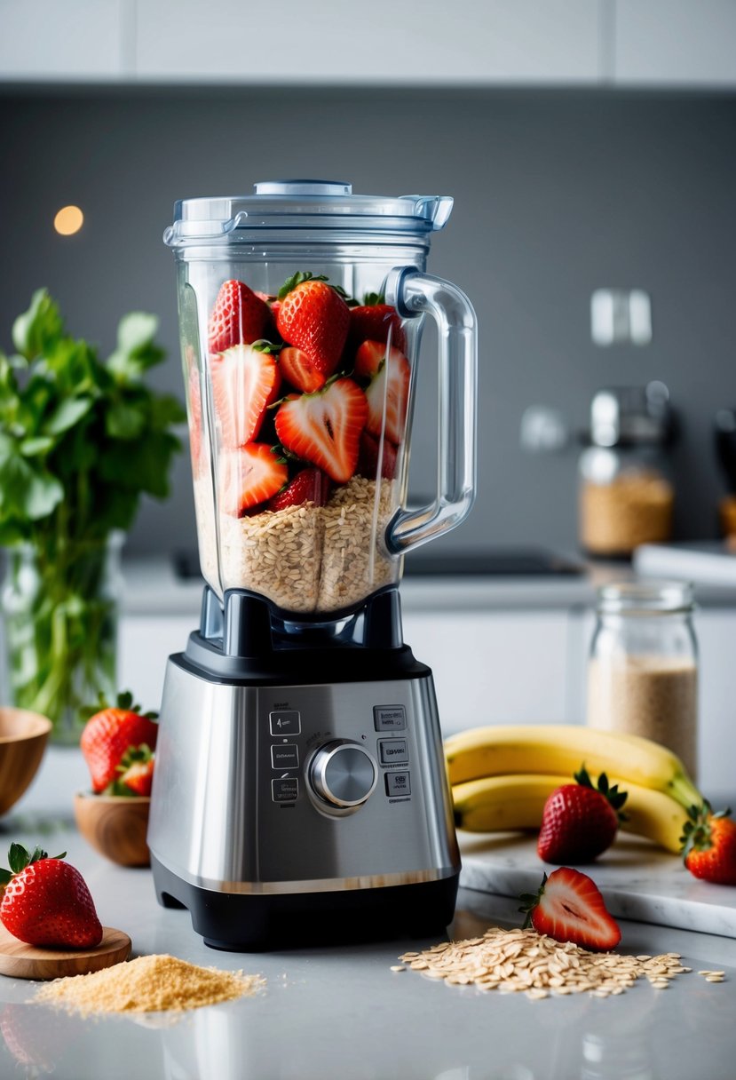 A blender filled with strawberries, oats, and protein powder, surrounded by fresh ingredients and a sleek, modern kitchen