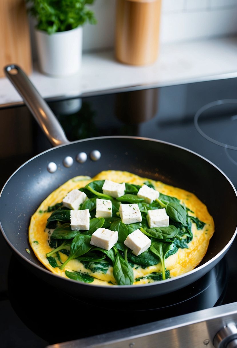 A sizzling omelette filled with vibrant green spinach and creamy feta cheese, cooking in a non-stick pan on a stove