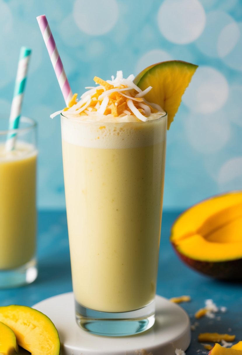 A tall glass filled with a creamy, pastel yellow protein shake topped with shredded coconut and a slice of ripe mango