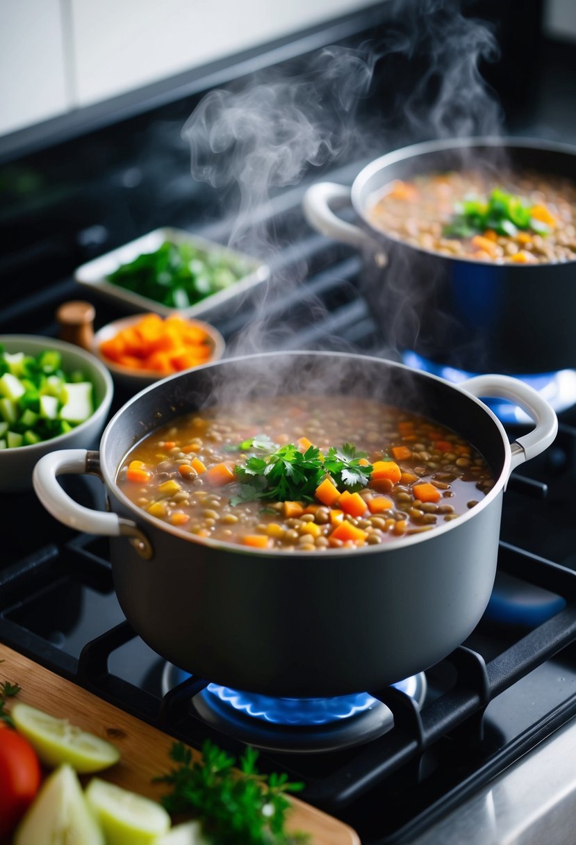 A pot of lentil soup simmers on a stovetop, steam rising. Chopped vegetables and herbs sit nearby, ready to be added