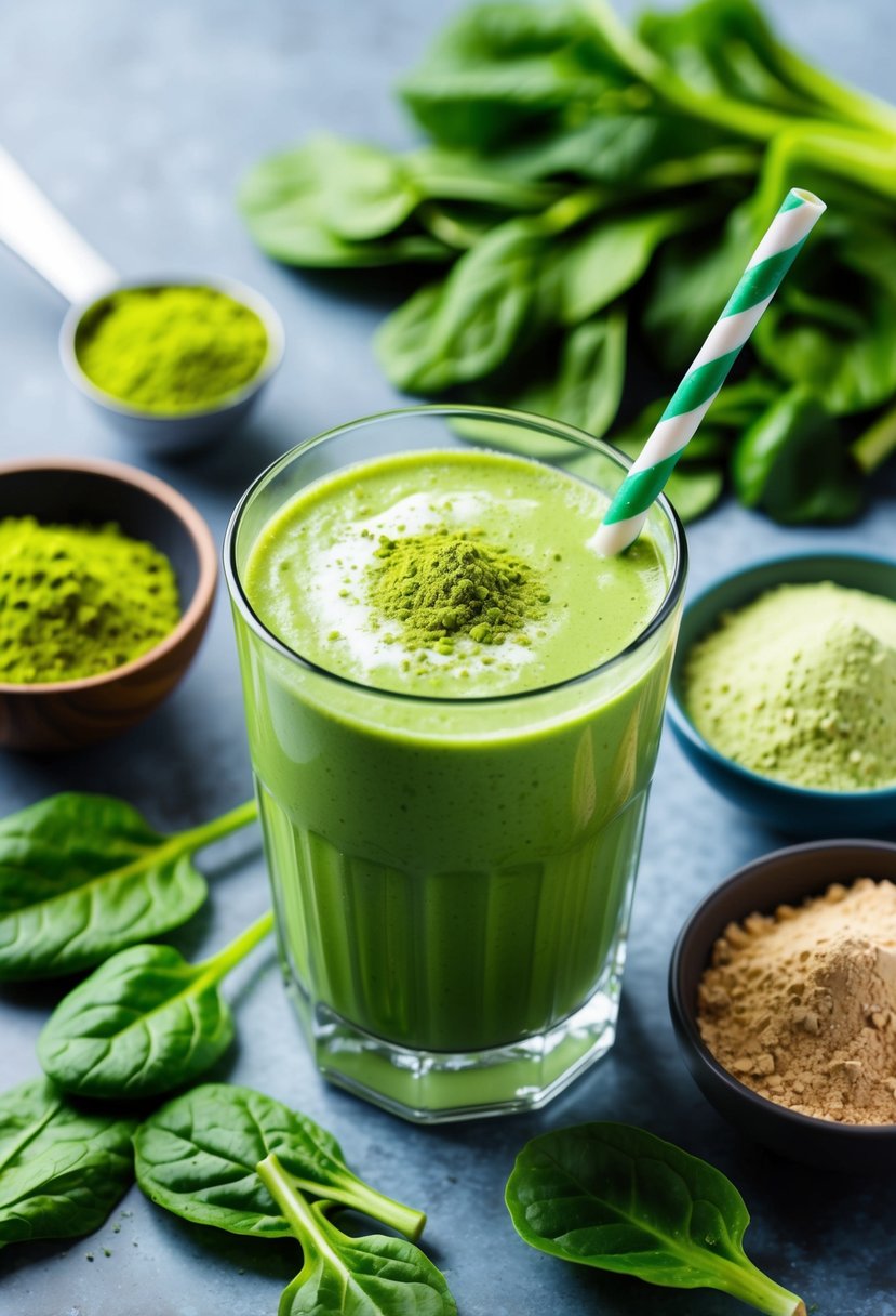 A glass filled with vibrant green matcha energy shake surrounded by fresh ingredients like matcha powder, spinach leaves, and a scoop of protein powder