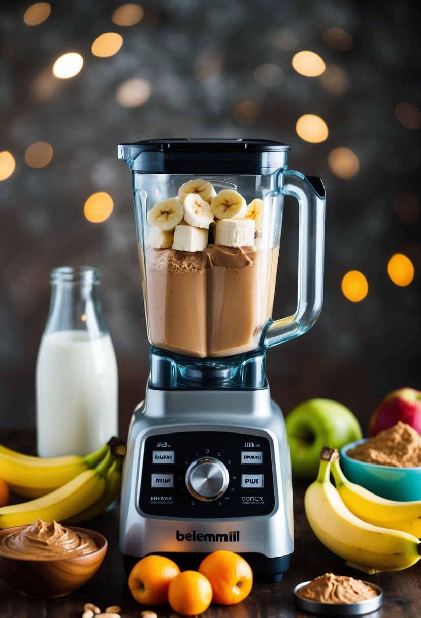 A blender filled with bananas, peanut butter, and protein powder, surrounded by fresh fruits and a bottle of milk