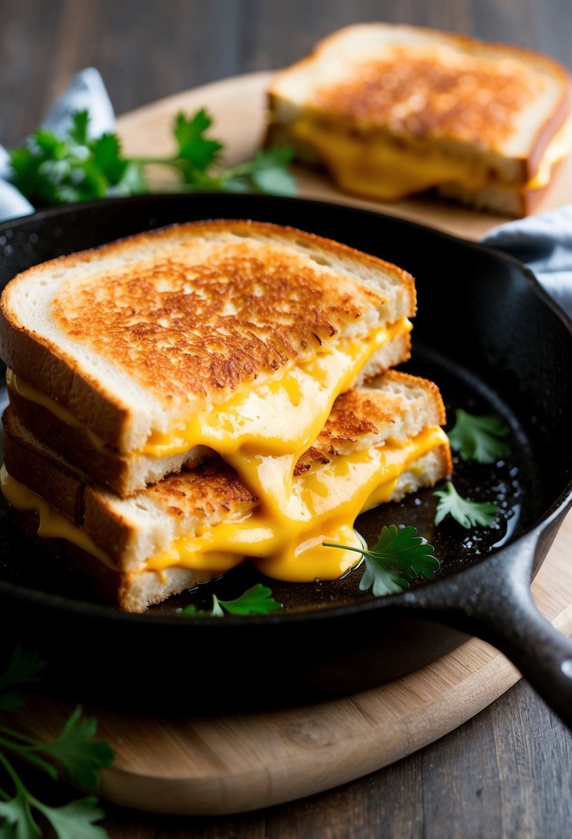 A skillet with a golden-brown grilled cheese sandwich, oozing with melted cheese, surrounded by a sprig of fresh parsley