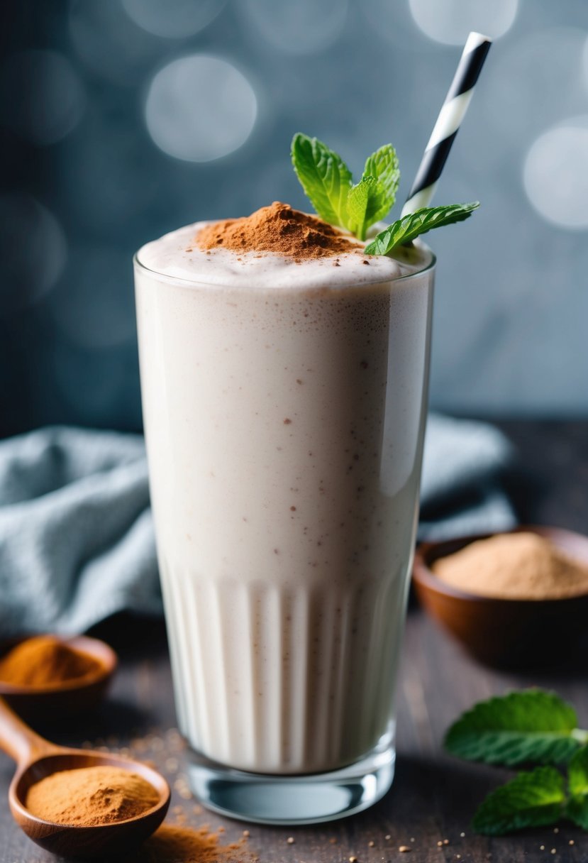 A tall glass filled with a creamy chocolate mint protein shake, topped with a sprinkle of cocoa powder and a fresh mint leaf