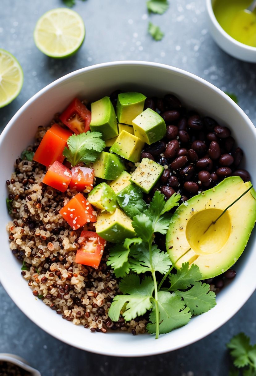 A colorful bowl filled with quinoa, black beans, diced tomatoes, avocado, and cilantro, topped with a drizzle of lime juice and a sprinkle of salt and pepper