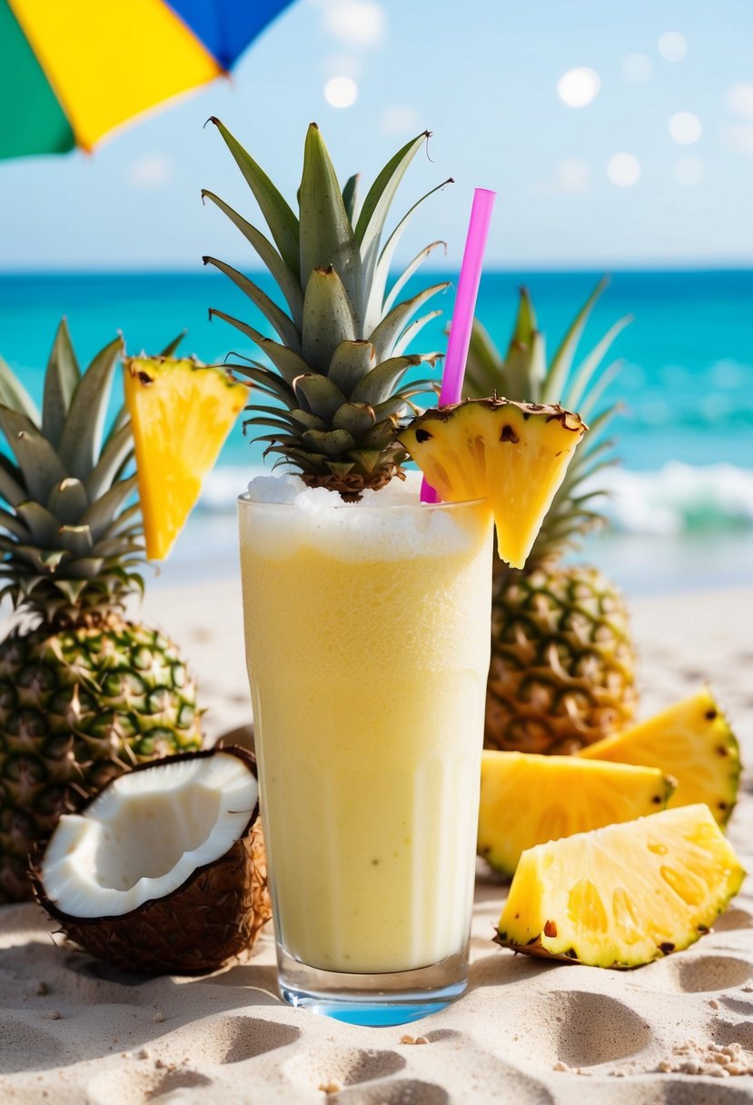 A tropical pineapple cooler protein shake surrounded by fresh pineapple slices, coconut, and a colorful umbrella on a sandy beach