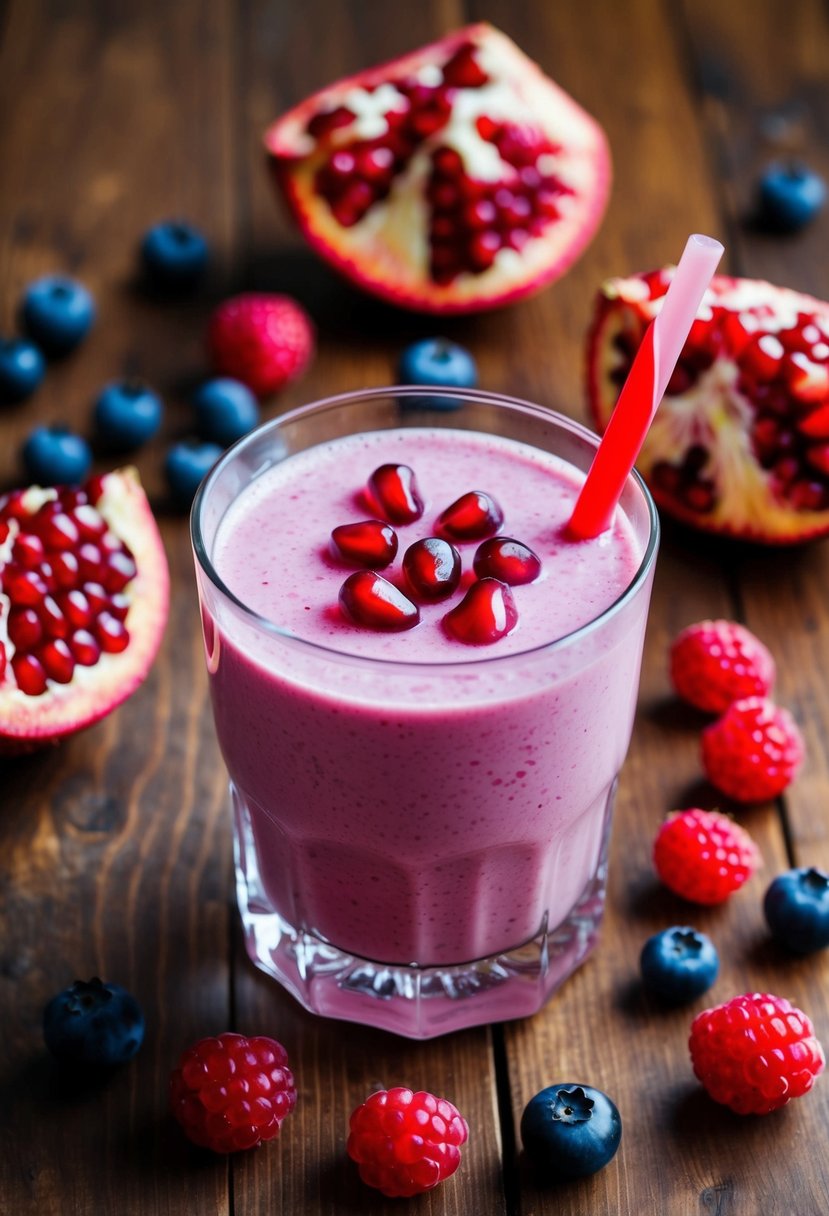 A glass filled with a vibrant pink protein shake surrounded by fresh pomegranate seeds and juicy berries on a wooden table