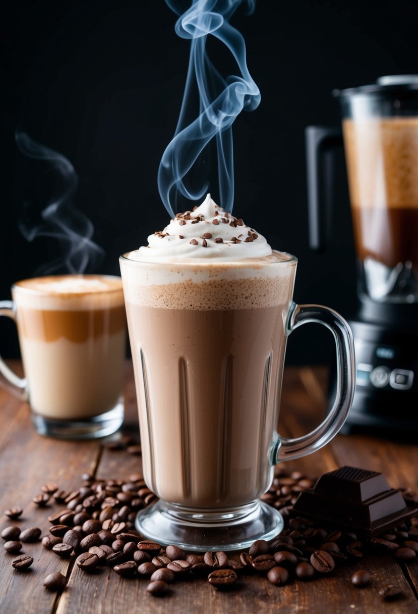 A steaming cafe mocha protein shake surrounded by coffee beans, chocolate, and a blender