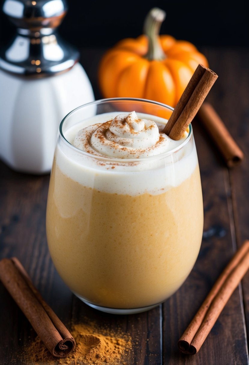 A glass filled with a creamy pumpkin spice shake, garnished with a sprinkle of cinnamon and a whole cinnamon stick on the side