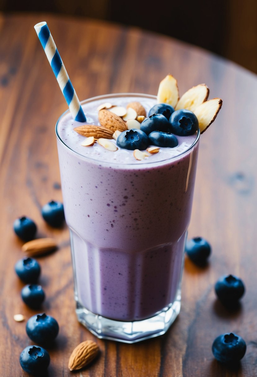 A glass filled with a creamy blueberry almond protein shake, garnished with fresh blueberries and almond slices on a wooden table