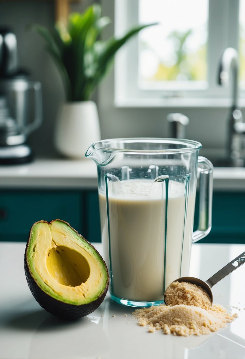 A ripe avocado and coconut milk sit on a kitchen counter next to a blender. A scoop of protein powder and a handful of ice complete the ingredients