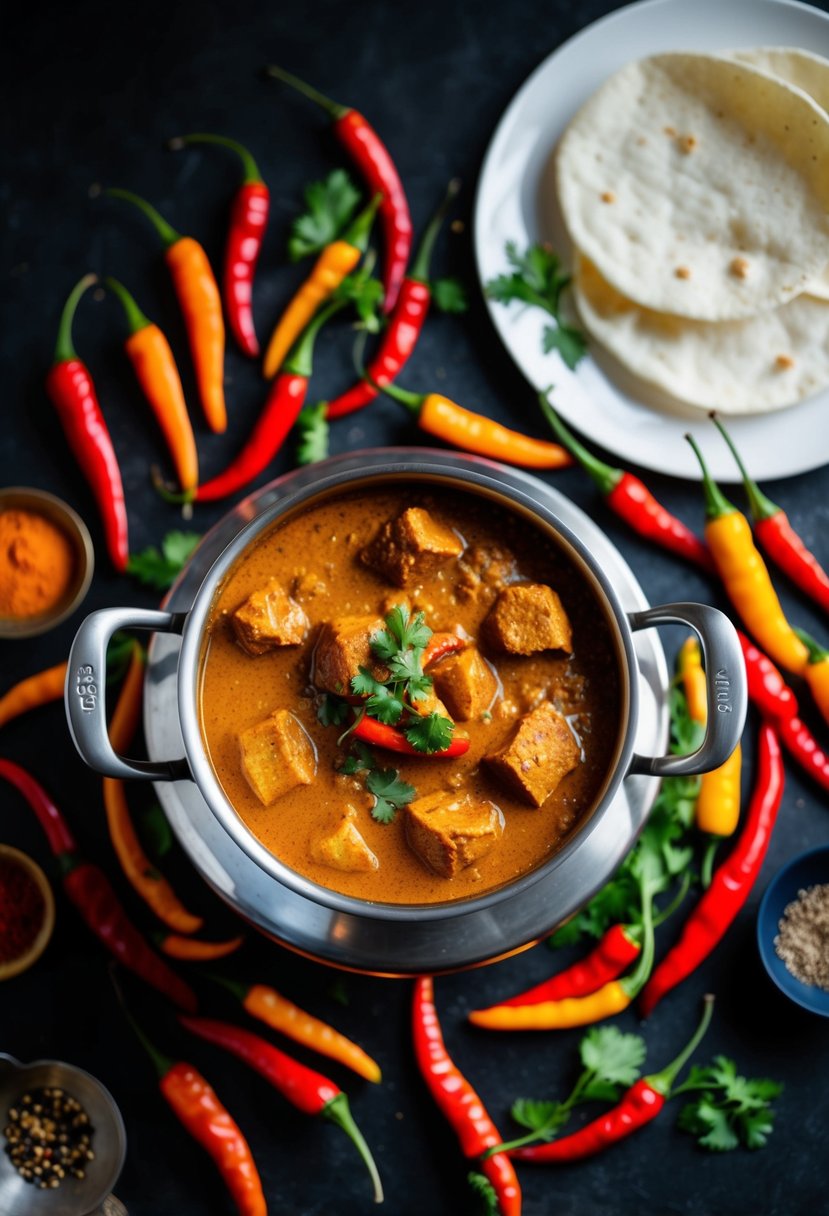 A steaming pot of spicy curry surrounded by vibrant chili peppers and aromatic spices