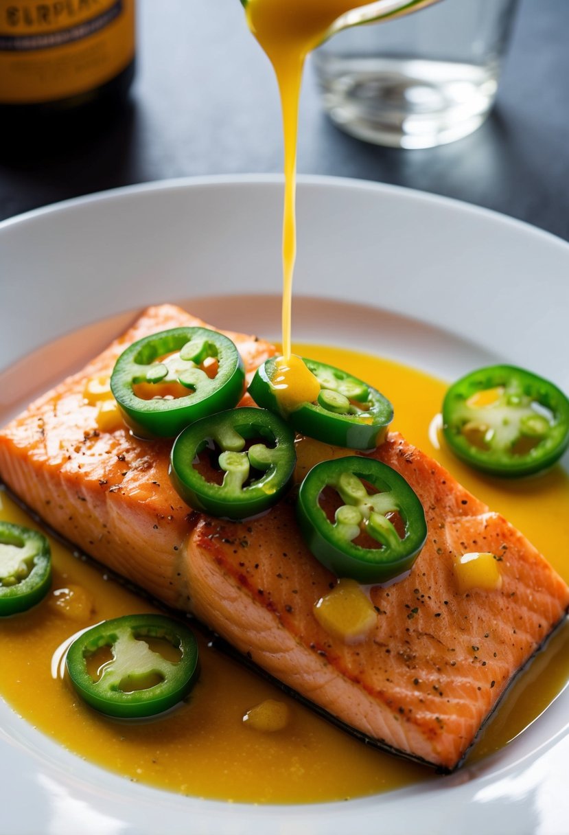 A sizzling salmon fillet topped with jalapeño slices and drizzled with a zesty citrus glaze