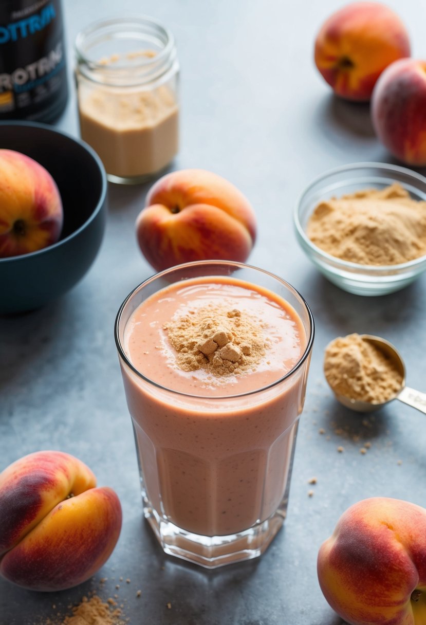 A glass filled with a peach-colored protein smoothie surrounded by fresh peaches and a scoop of protein powder