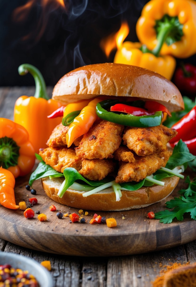 A sizzling spicy chicken sandwich surrounded by vibrant peppers and fiery spices on a rustic wooden cutting board