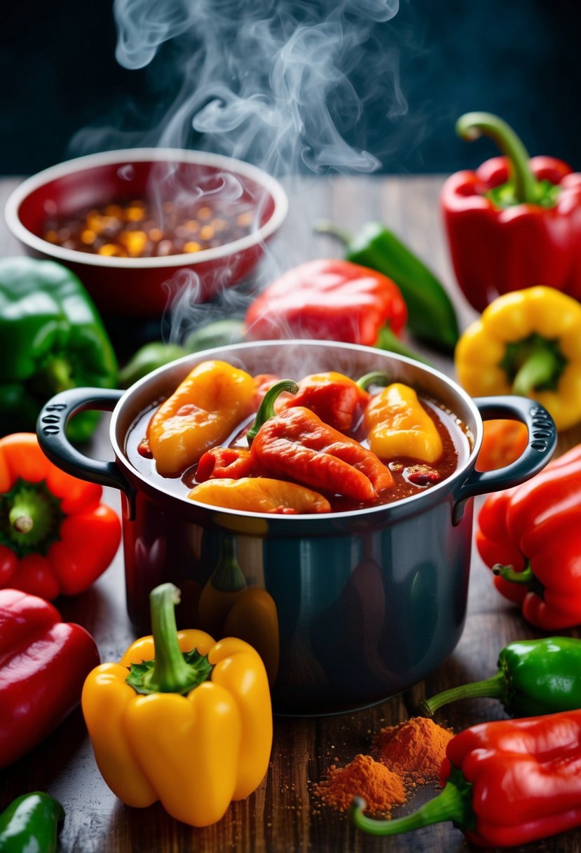 A steaming pot of ghost pepper chili surrounded by vibrant peppers and spices