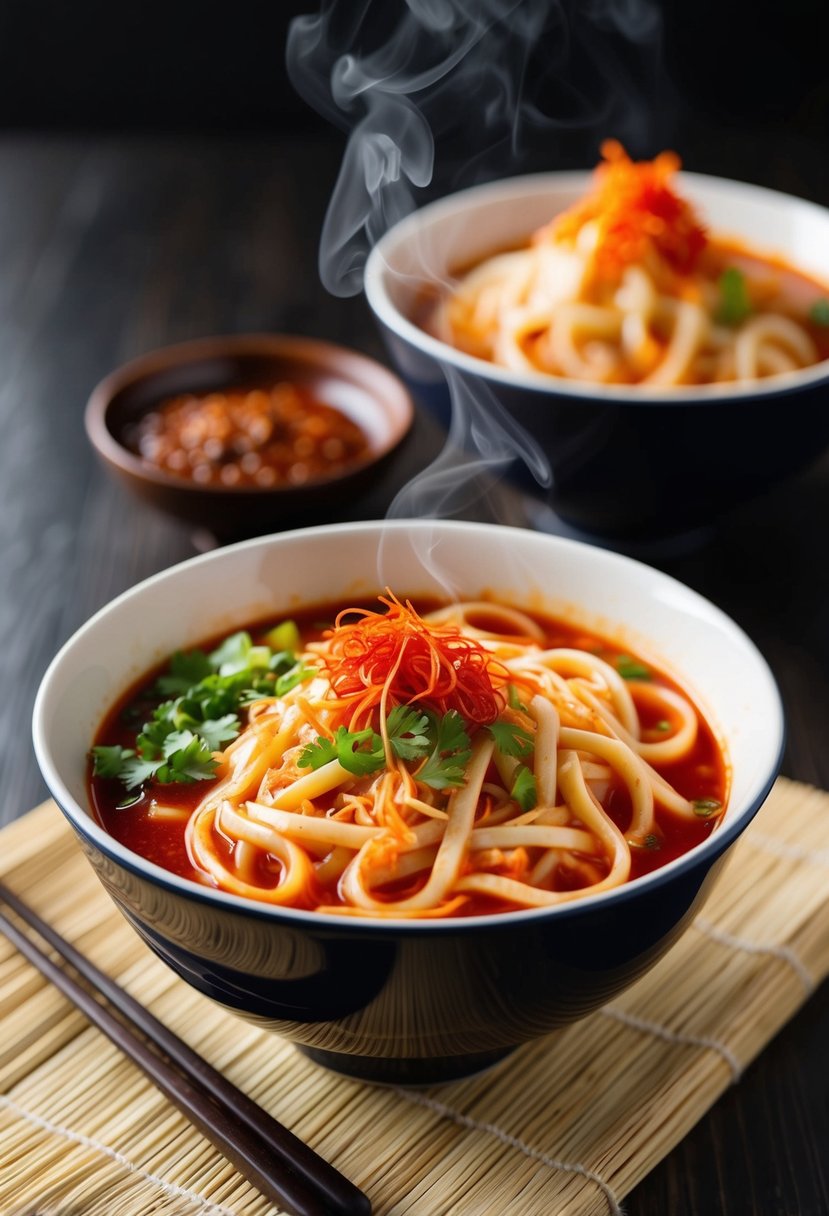 A steaming bowl of kimchi udon noodles with vibrant red broth and spicy toppings