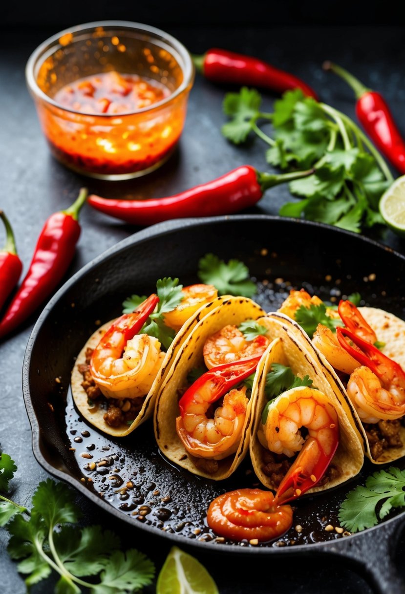 A sizzling skillet of Sriracha shrimp tacos, surrounded by vibrant red chili peppers and fresh cilantro, with a dollop of spicy sauce on the side