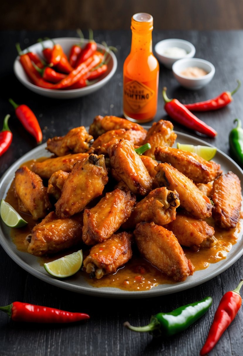 A platter of sizzling habanero hot wings, surrounded by chili peppers and a bottle of hot sauce