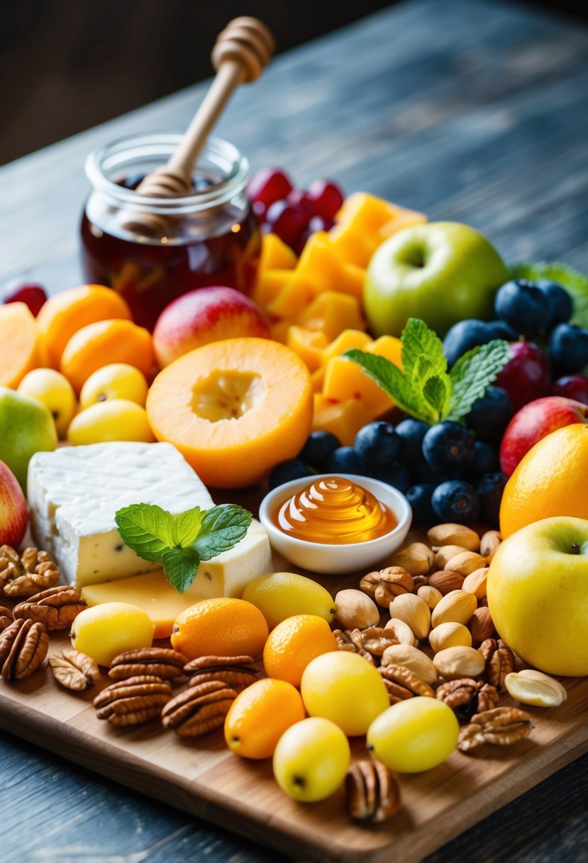 A colorful array of fresh fruits, nuts, and cheese arranged on a wooden cutting board, with a jar of honey and a sprig of mint as garnish