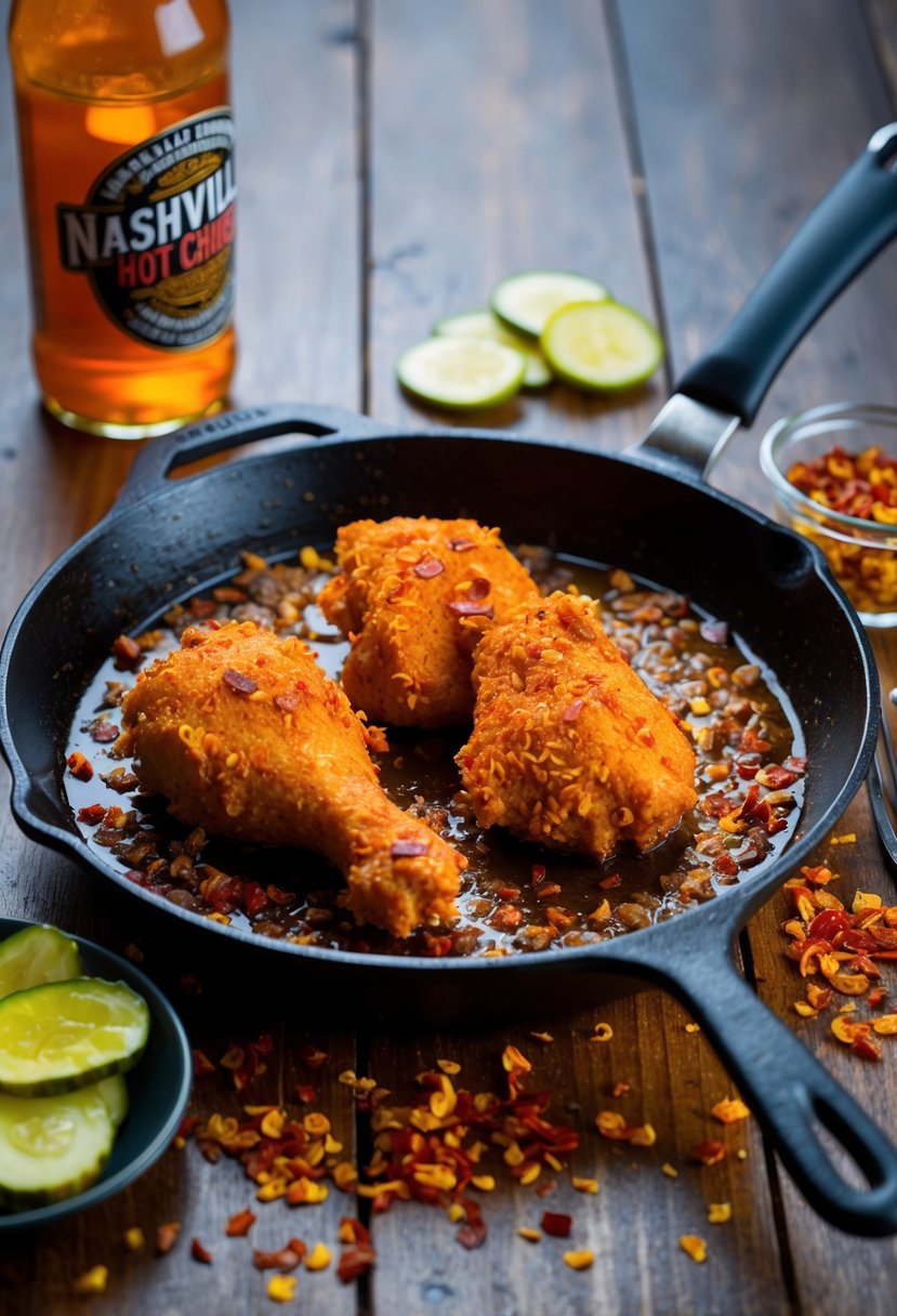 A sizzling skillet holds Nashville Hot Chicken, surrounded by fiery red pepper flakes and a side of pickles