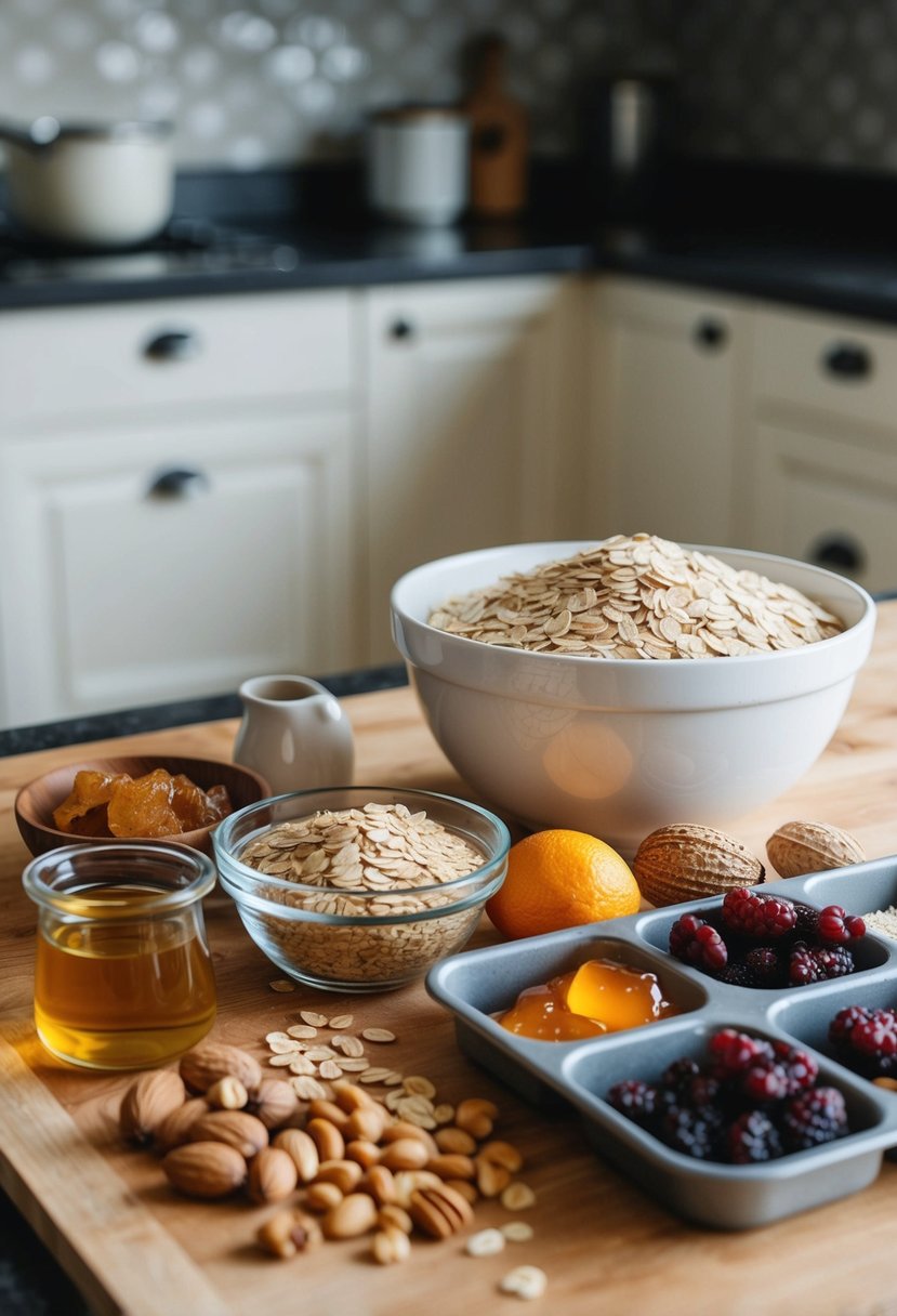 A kitchen counter with assorted ingredients like oats, nuts, honey, and dried fruits laid out next to a mixing bowl and a baking tray