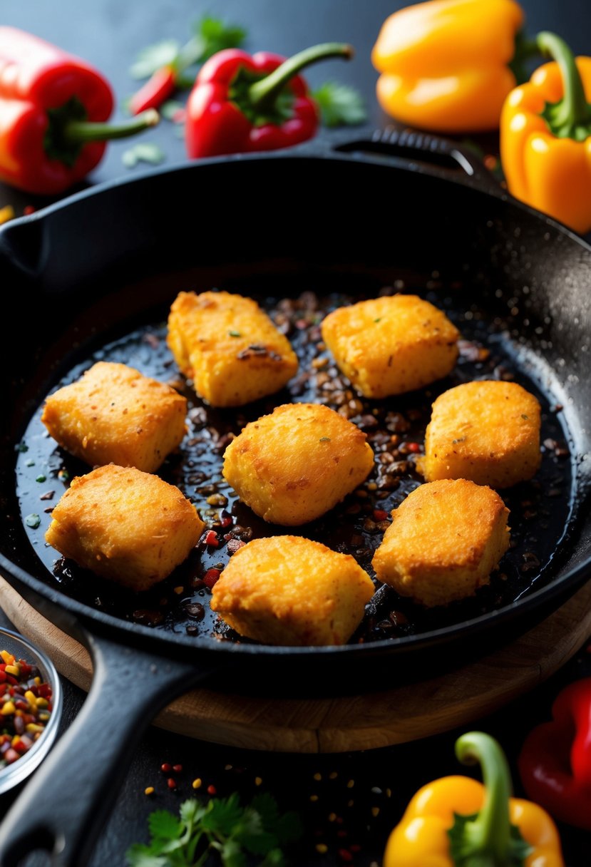 A sizzling skillet of Chipotle Chicken Nuggets surrounded by colorful peppers and spices