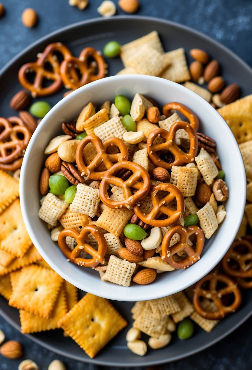 A bowl of Chex Mix surrounded by various ingredients like pretzels, nuts, and crackers, ready to be mixed together