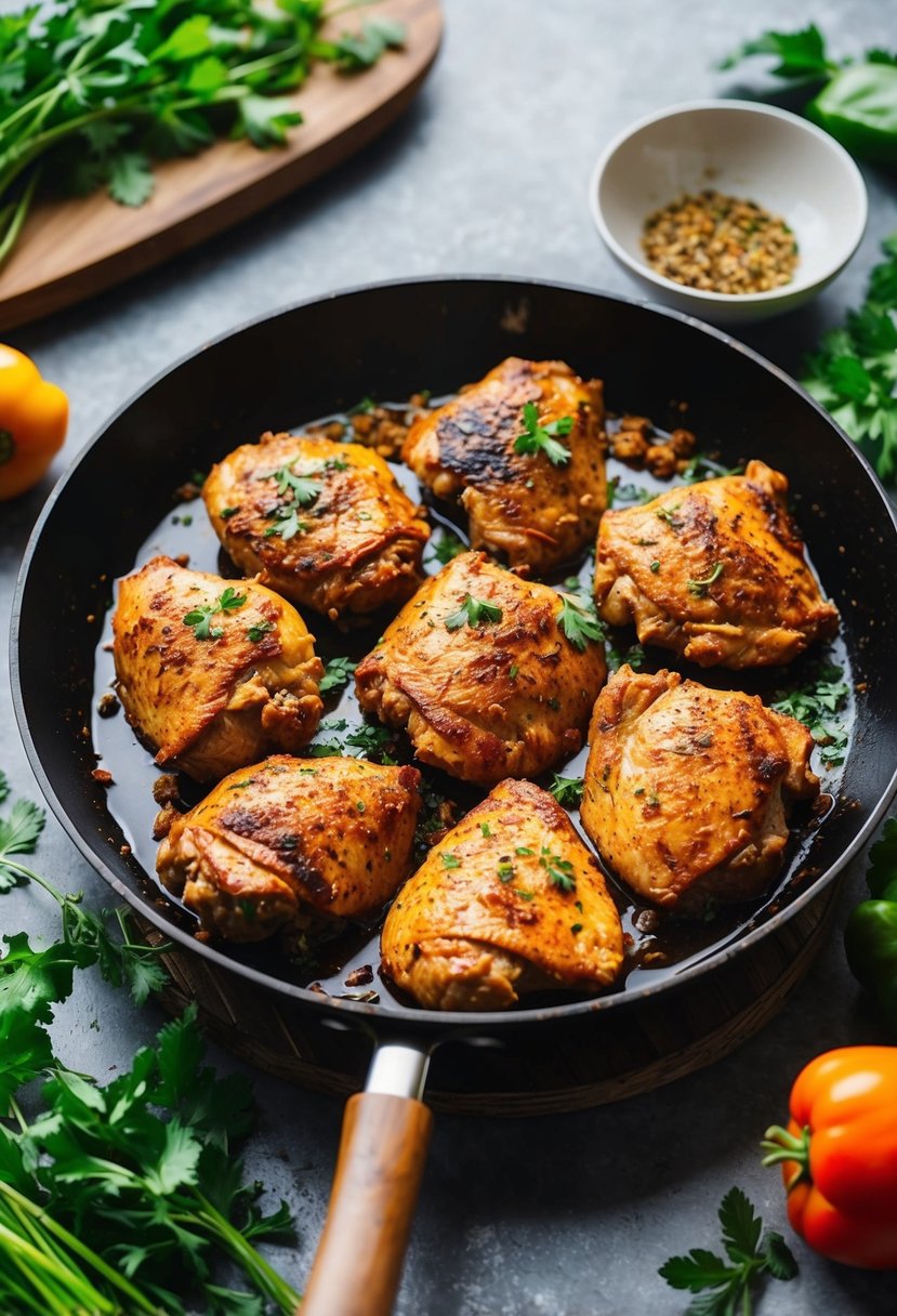 A sizzling skillet of jerk chicken surrounded by vibrant spices and fresh herbs