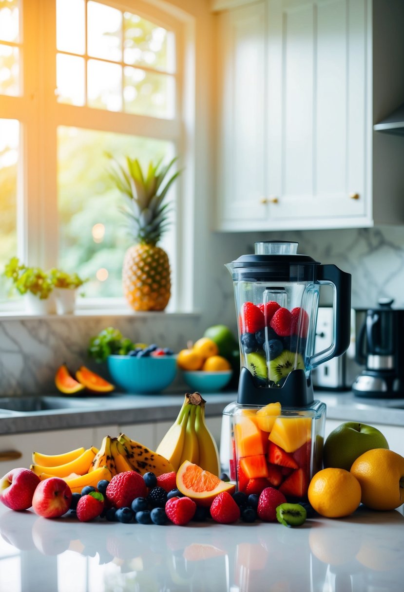 A colorful array of fresh fruits and a blender on a kitchen counter