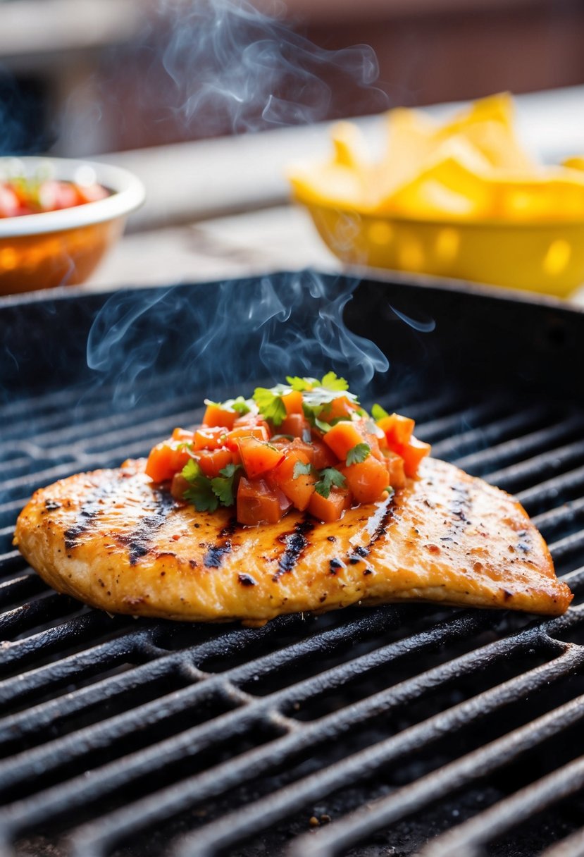 A sizzling chicken breast on a hot grill, slathered in spicy salsa and charred grill marks