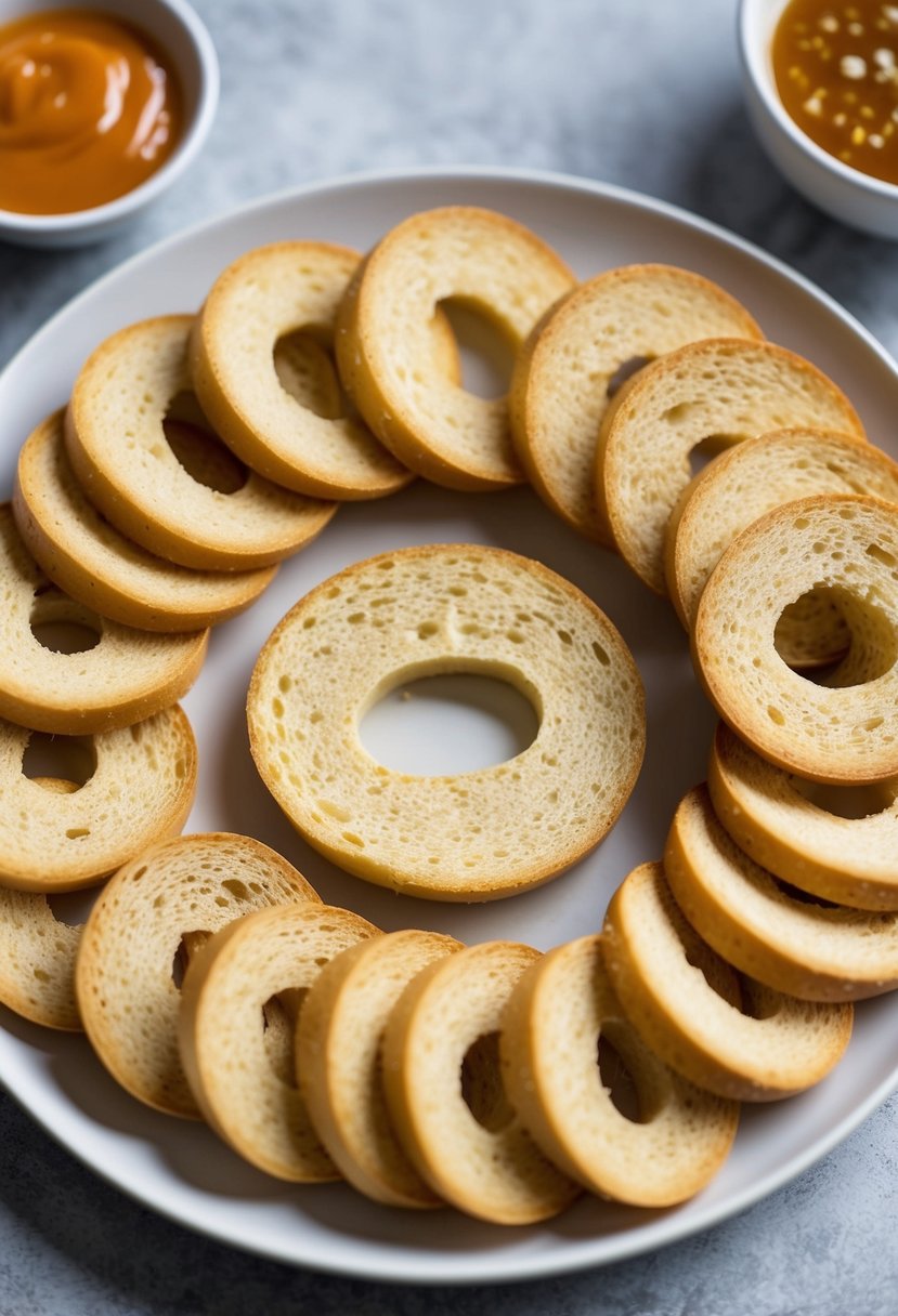 A plate of golden-brown bagel chips arranged in a circular pattern with a small dish of sweet dipping sauce beside them