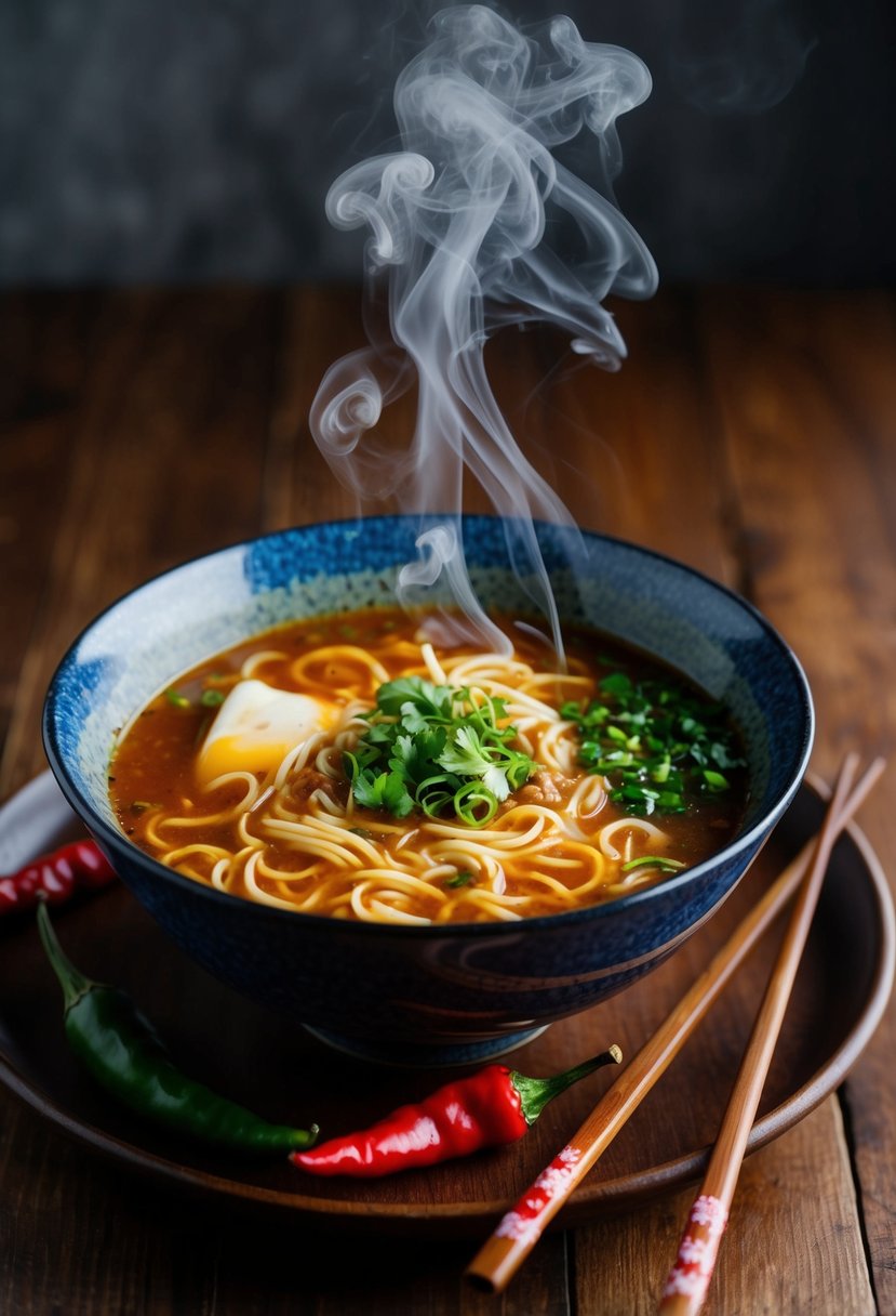 A steaming bowl of spicy rammen sits on a wooden table, surrounded by chopsticks, chili peppers, and a swirl of steam rising from the broth