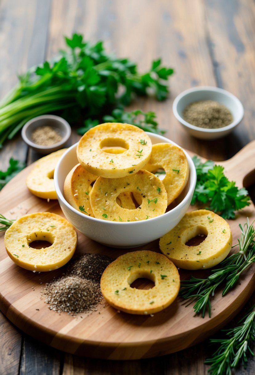 A bowl of garlic bagel chips surrounded by fresh herbs and spices on a wooden cutting board